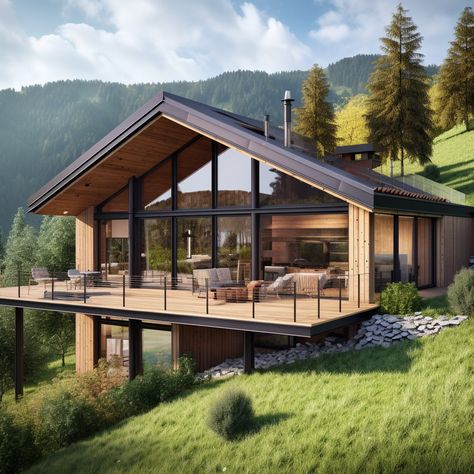 Mountain Guest House, Modern Chalet Exterior, Modern Mountain Chalet, Modern Mountain House Exterior, Mobile Home Bathroom Remodel, Wooden Chalet, Modern Wood House, Whimsigothic Home, Aesthetic Farmhouse