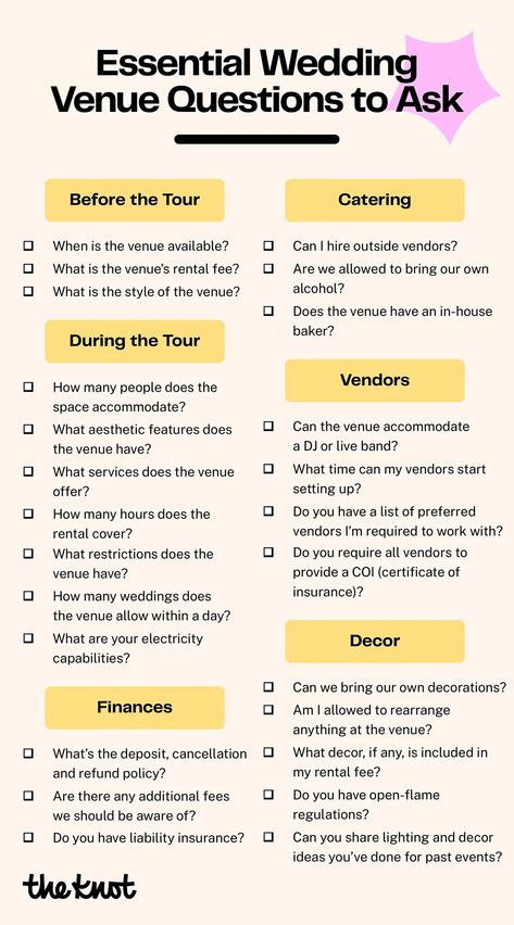 Questions to ask before you book wedding venue. Easily find and book your venue and more vendors on The Knot Vendor Marketplace. Venue Questions, Wedding Venue Questions, Wedding Planning Binder, Free Checklist, Affordable Wedding Venues, Future Wedding Plans, Cute Wedding Ideas, Wedding Prep, Wedding Checklist