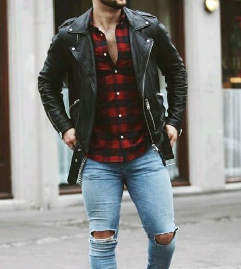 Venom Outfit Ideas, Black Jacket Outfit, Police Jacket, Red Checked Shirt, Stylish Street Style, Leather Jacket Outfit Men, Black Leather Jacket Men, Black Leather Motorcycle Jacket, Mens Trendy Outfits