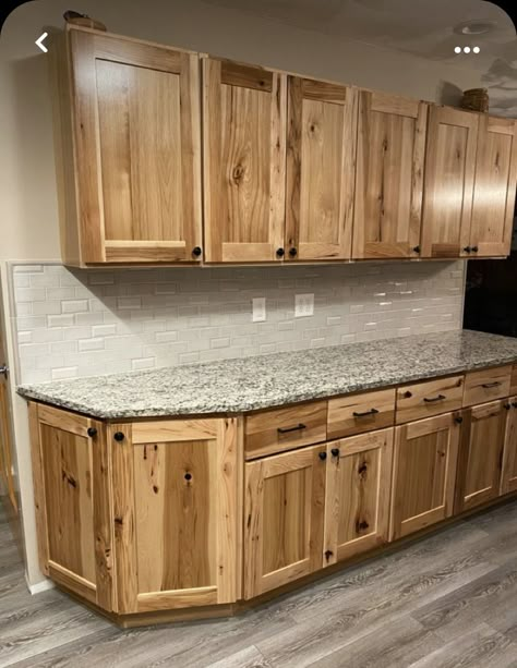 Diy Rustic Home Furniture, Hickory Cabinets With Backsplash, Hickory Cabinet Kitchen Ideas, Hickory Cabinets With Grey Flooring, Kitchen Backsplash Hickory Cabinets, Rustic Hickory Kitchen Cabinets Farmhouse, Modern Hickory Kitchen, Rustic Farm Kitchen Cabinets, Hickory Cabinets With Dark Countertops