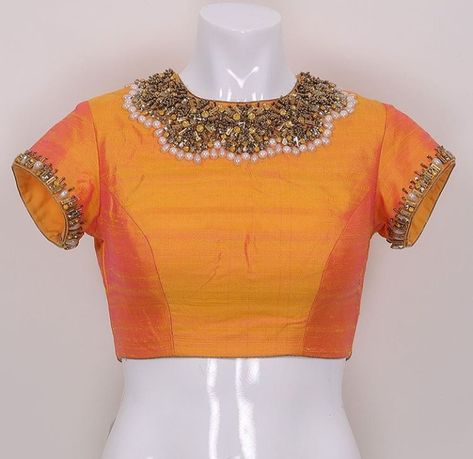 Art Silk Blouse with Hand Embroidery. Orange Blouse Designs, Latest Blouses, Blouse Designs High Neck, Peach Saree, Latest Model Blouse Designs, Maggam Works, Blouse Design Images, Net Dress, Blouse Designs Silk