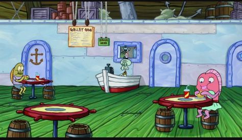 This is the interior of the Krusty Krab. What makes successful is the items in it. The tables, the chairs, the menu, the cash register, and Squidward in uniform helps show that the Krusty Krab is a restaurant. Krusty Crab Wallpaper, Krusty Krab Kitchen, Inside Spongebob House, Krusty Krab Wallpaper, Spongebob Desktop Wallpaper, Krusty Krab Inside, Doraemon Room, Spongebob Krusty Krab, San Sequoia