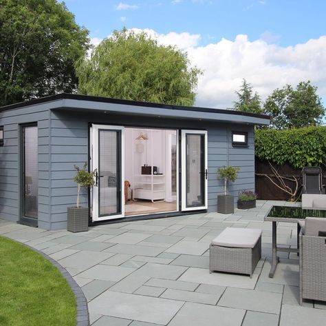 Timber Rooms’s Instagram profile post: “A Garden Room with En Suite Bathroom. #gardenroom #bespoke #design #ensuite #cedralcladding #gardendesign #summer #outdoorliving” Cedral Weatherboard, Large French Doors, Office Rooms, Slate Patio, Comfortable Sofa Bed, Cladding Systems, Garden Suite, Suite Bathroom, Grey Doors