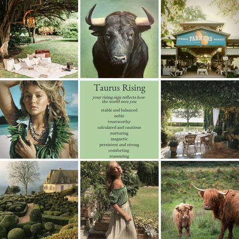 Taurus rising / ascendent zodiac sign mood board and aesthetic Rising In Taurus, Taurus Mood Board, Taurus Home Aesthetic, Taurus Rising Appearance, Taurus Rising Makeup, Taurus Rising Aesthetic Outfits, Taurus Rising Style, Taurus Rising Sign, Taurus Rising Aesthetic