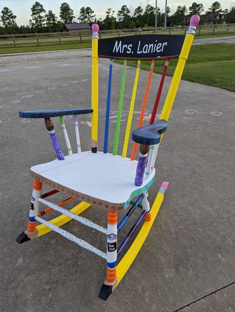 Rocking Chair For Classroom, Classroom Rocking Chair Teachers, Teacher Painted Rocking Chair, Teacher Chair Ideas, Painted Rocking Chairs For Classroom, Teacher Rocking Chair Painted, Painted Teacher Stool, Teacher Rocking Chair, Classroom Rocking Chair