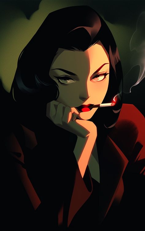 stylish, mysterious woman with a cigarette, classic film noir vibes, retro-themed art Noir Woman Art, Film Noir Detective Woman, Roaring 20s Character Design, Female Agent Art, Spy Art Character Design, Fbi Agent Character Design, Film Noir Art, Female Spy Art, Detective Noir Aesthetic