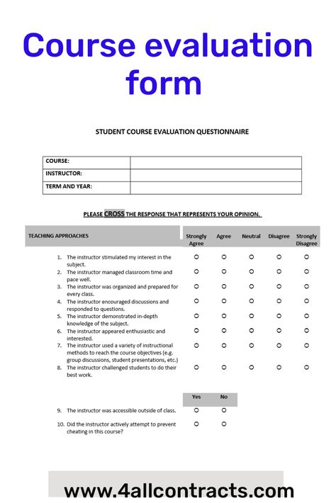 Our Course Evaluation Form Template in Word makes it easy to gather valuable feedback from students. Customize the form to fit your course and receive insightful evaluations that can help improve your teaching. Download now for a quick and convenient solution.Looking for an easy way to gather feedback from your students? Our Course Evaluation Form Template in Word is the perfect solution. With customizable fields, you can tailor the form to your specific course and receive valuable insights ... Course Evaluation, Room Rental Agreement, Cleaning Contracts, Wedding Photography Contract, Rental Agreement Templates, Evaluation Form, Construction Contract, Letter Of Intent, Form Template