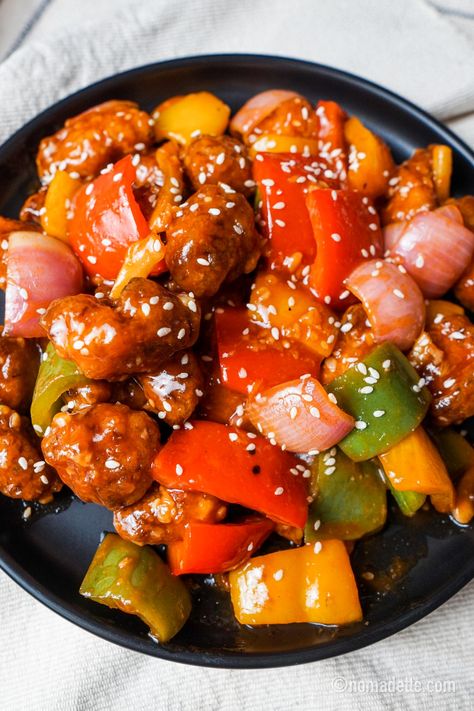 Sweet and Sour Chicken (air fryer recipe!) - Nomadette Asian Sweet And Sour Chicken, Sweet And Sour Chicken Photography, Sweet And Sour Popcorn Chicken, Air Fryer Sweet And Sour Chicken, Chicken Sweet And Sour, Chinese Food Menu, Chicken Air Fryer, Sweet And Sour Chicken Recipe, Sour Chicken Recipe