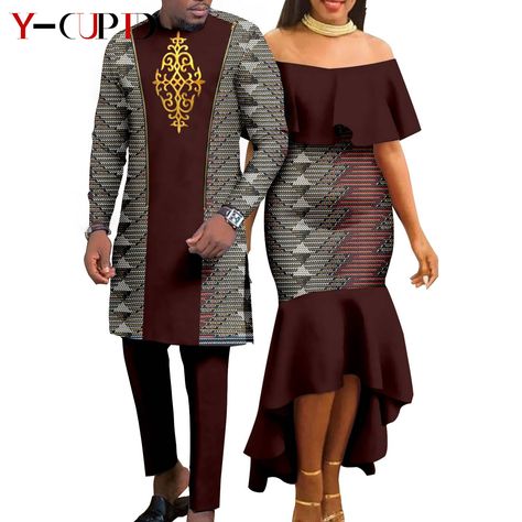 African Matching Outfit for Couples Dashiki Women Slim Print Dresses Agbada Bazin Riche Men Top and Pant Sets Kaftan Y23C041 - AliExpress African Wear Styles For Men And Women, African Couple Dress, Matching Style Couple, Couples Elegant Outfits Classy, Model Couple Africain, Matching Couple Wedding Guest Outfits, African Couple Outfit Matching, Couple Wear Matching Outfits, Couples Outfits Matching