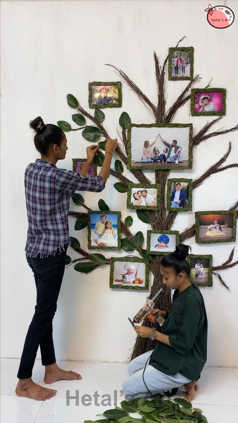 Family Tree Decor For Walls, Family Tree Photo Wall Ideas, Diy Family Tree Wall Decor, Family Tree Display, Hetal's Art, Diy Family Tree, Branch Wall Hanging, Family Tree Wall Decor, Rustic Cottage Style