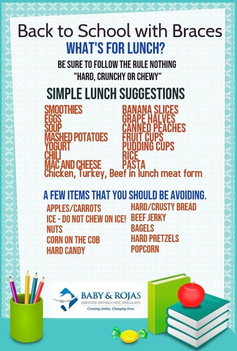 Back to school lunches have you stumped? Check out some of these braces friendly options and foods you should avoid. #babyrojasortho #backtoschoolwithbraces #backtoschool School Lunch Ideas For Kids With Braces, Meals For New Braces, Braces Food What To Eat With, Healthy Braces Friendly Snacks, Good Food To Eat With Braces, School Lunch For Braces, Food To Avoid With Braces, Best Foods To Eat With Braces, Best Food For Braces