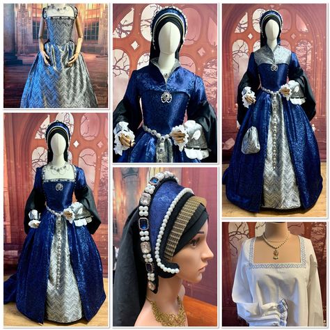 Everything you could need to turn up like a Tudor Queen! In your choice of colour and fabrics.  Complete Historically Accurate Ensemble. This ensemble includes all the following: 🌹Blackwork embroidered linen shift 🌹Farthingale (hooped skirt) 🌹Bum roll 🌹Kirtle in metallic brocade, fully jewelled neckline and fully lined with linen. 🌹Silk Overgown in Top quality fabric (tafetta, velvet or damask)  fabric bell sleeves and lined with linen. 🌹Reversible partlet made with Kirtle and overgown fab Tudor Fashion Women, Ren Faire Dress, Elizabethan Clothing, Elizabethan Dress, Tudor Queen, Tudor Gown, 17th Century Clothing, Tudor Dress, Tudor Fashion