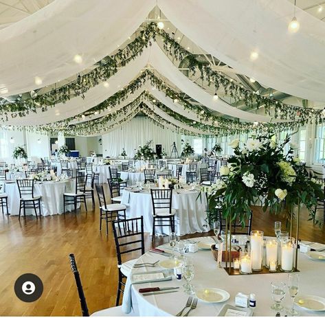 Ceiling Draping With Greenery Wedding, Ceiling Swags Wedding, Wedding Roof Draping, Diy Wedding Drapery Ceiling Draping, Christmas Wedding Ceiling Decor, Chiffon Ceiling Draping, White Ceiling Drapes Wedding, Ceiling Swag Draping, Ceiling Drapery Ideas