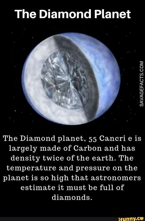 The Diamond Planet The Diamond planet, 55 Cancri e is largely made of Carbon and has density twice of the earth. The temperature and pressure on the planet is so high that astronomers estimate it must be full of diamonds. - iFunny :) Facts About Planets, Diamond Planet, Universe Facts, Astronomy Planets, About Planets, Astronomy Facts, Cool Facts, Astronomy Science, Cool Science Facts