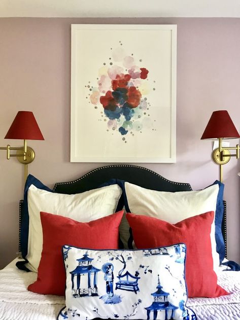 decorating with red, blue, white, navy, upholstered headboard, spray paint, red, lampshades Dark Blue And Red Bedroom, Navy Blue And Burgundy Bedroom, Red And Blue Home Decor, Light Purple Girls Bedroom, Georgian Remodel, Light Purple Bedrooms, Red Blue Bedroom, Red And Blue Bedroom, Red And Blue Decor