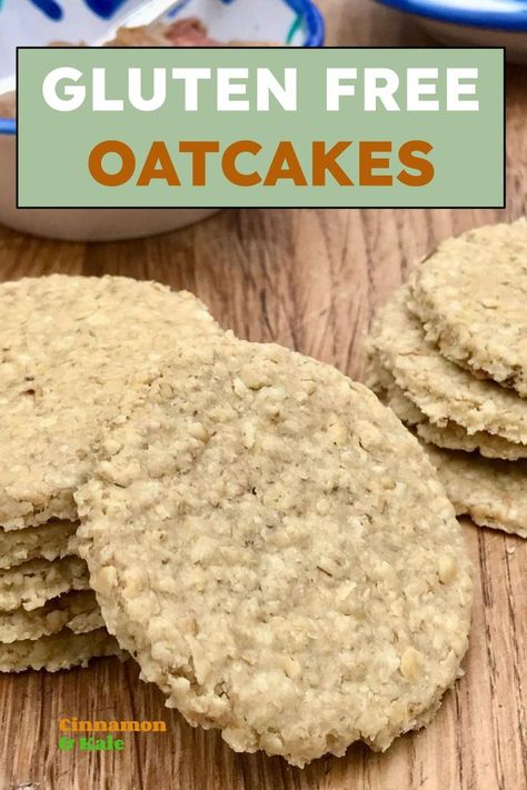 Pile of GF oatcakes on wooden board with fabric Easy Oat Cakes, Gluten Free Scottish Recipes, Oat Cakes Recipe, Oat Biscuit Recipe, Oats Muffins, Gf Crackers, Scottish Oatcakes, Travel Meals, Scottish Oat Cakes