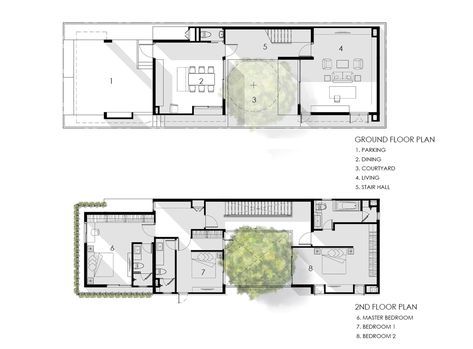 I-House,Ground Floor Plan - 2nd Floor Plan Narrow House Plans, Compact House, Courtyard House Plans, Architectural Floor Plans, Villa Plan, Narrow House, Casa Patio, Courtyard House, Ground Floor Plan