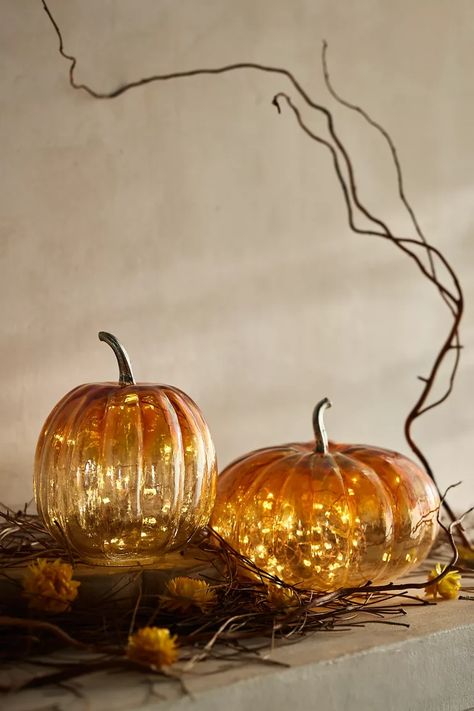 Glass Pumpkins & an Easy Wall Collage Idea - Northern California Style Anthropologie Fall, Waterproof Led Lights, Glass Pumpkins, Fall Halloween Decor, Hand Poured Candle, Easy Wall, Fall Table, Flameless Candle, Pumpkin Orange