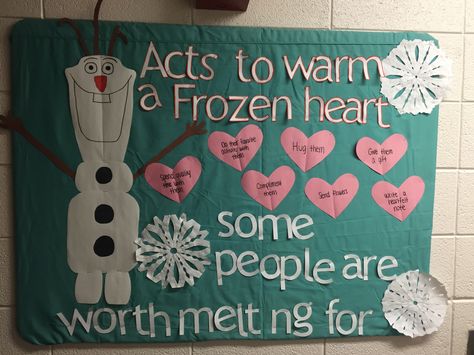 "Acts to warm a Frozen heart" Frozen, Olaf, Disney Themed Bulletin Board  8th Floor, Reid Hall University of Arkansas 2015 Frozen Bulletin Board, Frozen Classroom, School Counseling Bulletin Boards, Resident Assistant Bulletin Boards, Counseling Bulletin Boards, Elementary School Counseling Lessons, February Bulletin Boards, Valentine Bulletin Boards, College Bulletin Boards