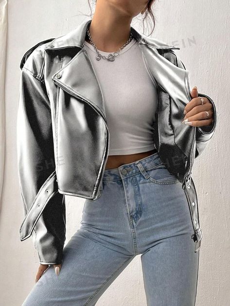 SHEIN Coolane Metallic Collar Belted Cropped Jacket | SHEIN USA Silver Leather Jacket, Bday Shoot, Women Jackets, Cropped Jacket, Women Clothing, Pu Leather, Jackets For Women, Leather Jacket, Collar