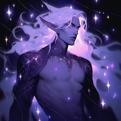 Alien Men Art, Moon Shadow Elf Oc, Male Elf Short Hair, Star Elf Art, Purple Elf Male, Space Elf Art, Alien Man Art, Astral Elf Male Character Art, Void Elf Male