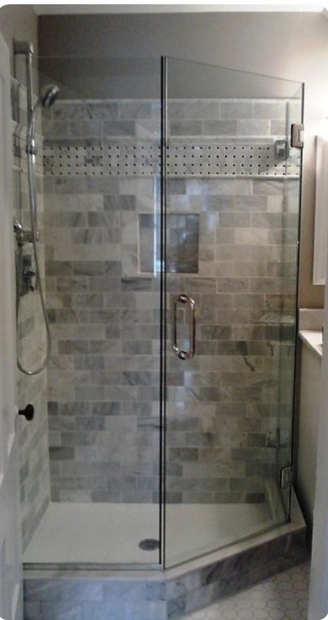 Corner Shower Remodel, Corner Shower Ideas, Shower Remodel Ideas, Neo Angle Shower Enclosures, Small Shower Remodel, Neo Angle Shower, Fiberglass Shower, Small Remodel, Shower Pan