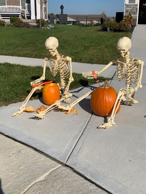 Halloween Posable Skeletons, Life Size Skeleton Decor Outdoor, Halloween Skeleton Decor, Fun Skeleton Poses, Life Size Skeleton Ideas, Skeletons Halloween Outdoor, Halloween Decorations With Skeletons, Funny Halloween Skeleton Poses, Skeleton Halloween Decorations Yards