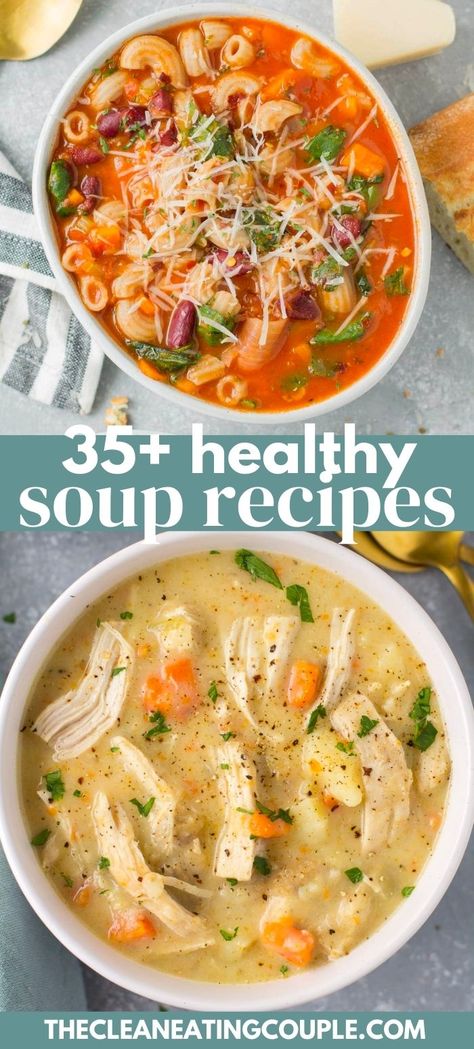 These 30 Healthy Soup Recipes are perfect when you need comfort food that's good for you! Loaded with vegetables & protein - these easy soups are delicious. Made in the instant pot, slow cooker, or on the stove - there's a healthy soup for everyone! Whether you want healthy chicken soup, beef soup, or vegan soups - you'll love all of these low calorie soup recipes! Heart Healthy Soup, Low Calorie Soup Recipe, Low Fat Soups, Easy Healthy Soup, Healthy Chicken Soup, Healthy Chicken Pot Pie, Low Calorie Soup, Beef Barley Soup, Cauliflower Soup