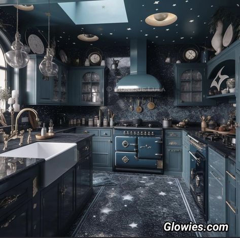 Magical Home Interior, Whimsical Gothic Kitchen, Dark Blue Home Aesthetic, Ravenclaw Kitchen, Gothic Fairycore Bedroom, Whimsical Goth Kitchen, Space Themed Kitchen, Goth Home Ideas, Goth Kitchen Aesthetic