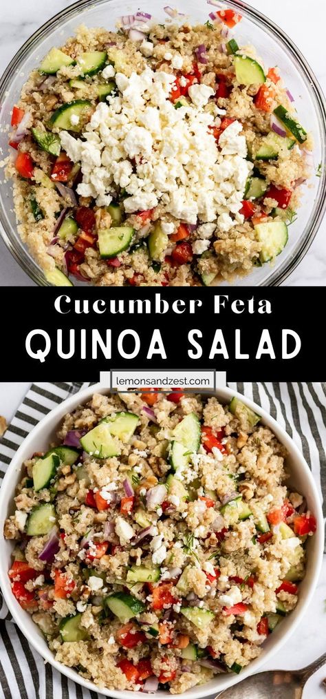 Quinoa Salad Feta, Quinoa Salad Recipes Cold, Cucumber Quinoa Salad, Cold Quinoa Salad, Feta Quinoa, Mediterranean Cucumber Salad, Cucumber Feta Salad, Quinoa Recipes Easy, Vegan Quinoa Salad