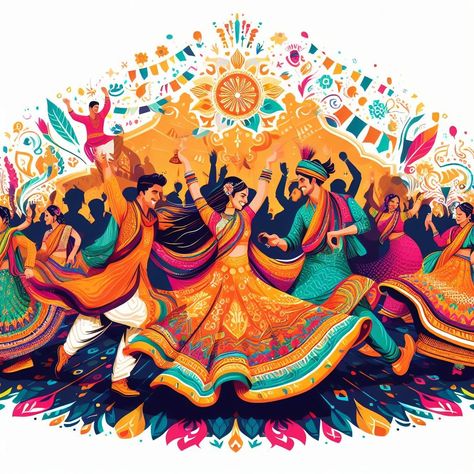 Create a vibrant and lively vector illustration capturing the essence of Navratri celebrations, with a focus on people joyfully dancing the traditional garba dance in traditional attire. Showcase the energy and colors of this cultural festival, with intricate patterns, lively music, and a sense of unity among the participants. Your illustration should convey the spirit and enthusiasm of Navratri while highlighting the beauty of the garba dance." Cultural Events Poster, Garba Night Poster, Cultural Festival Poster, Garba Poster, Gujarat Illustration, Garba Painting, Gujarat Festival, Navratri Illustration, Navratri Post