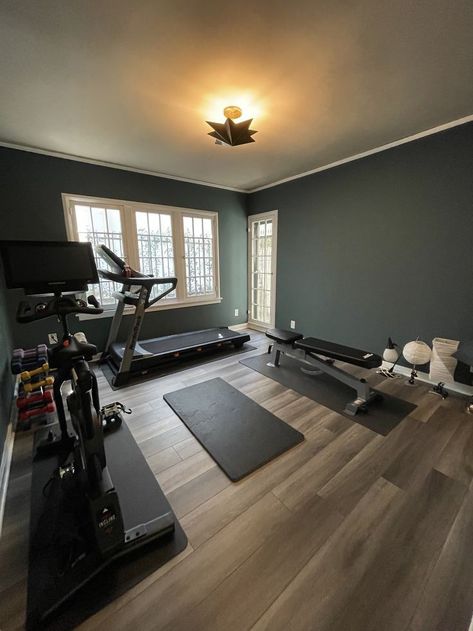 In Home Gym Room, Living Room With Gym Area, Game Room Gym Combo, Gym And Living Room Combo, Gym Room Aesthetic, Home Gyms Ideas Workout Rooms, Small At Home Gym, Basement Gym And Family Room, Gym In House