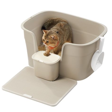 Bye Litter Mess, Hello Tidy Home Dive into a world of convenience with this open top litter box! This isn't just any litter box, it’s your all-in-one solution. Along with a premium cat litter box, you'll get a handy litter scoop, a litter catcher board to reduce tracking, and a convenient storage box to keep waste bags handy. Simplify your cleaning routine and embrace a tidy, happy home! Specifications: Color: Cappuccino Beige Material: PP (Polypropylene) Product Size: 25.2"L x 30"W x 13"H (64 x High Sided Litter Box, Best Cat Litter, Cat Fountain, Cat Essentials, Cat Litter Box Furniture, Board Storage, Free Cats, Cat Room, Cat Litter Box