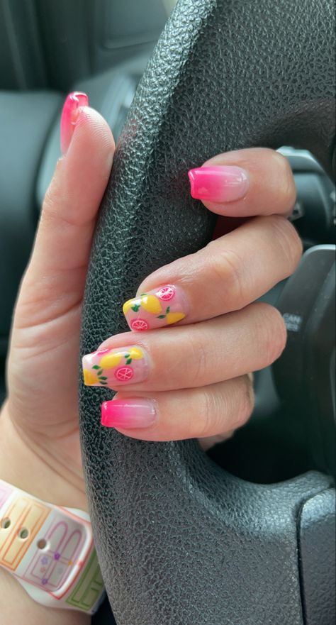 Pink Lemonade Nails Acrylic, Summer Strawberry Nails, Lemonade Nail Art, Hot Pink Floral Nails, Pink Lemonade Nail Designs, Pink And Yellow Summer Nails, Lemon Acrylic Nails, Lemon And Lime Nails, Pink Lemon Nails