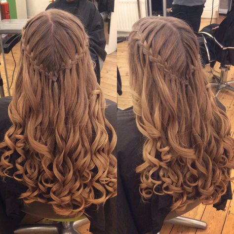 Long Hair Waterfall Braid, Hairstyle With Curls And Braids, Cute Front Braided Hairstyles, Curly Hair With Plait, Front Hairstyle With Curls, Prom Hairstyles Plait, Waterfall Braids With Curls, Braid Hairstyles For Thinner Hair, Front Plaits Hairstyles