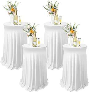 Perfect tablecloth for high top cocktail tables Tablecloth Skirt, High Top Bar Table, Cocktail Table Decor, White Round Tablecloths, White Cocktail Tables, Fitted Table Cover, Birthday Plans, Round Cocktail Tables, High Top Tables