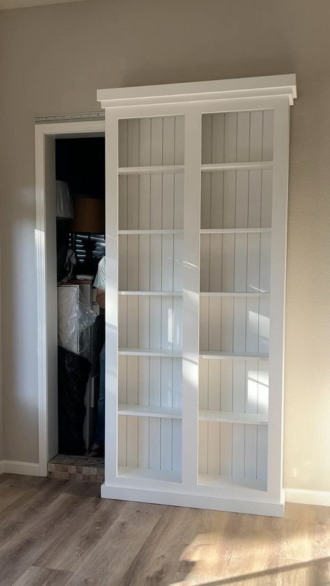 Instagram Shallow Bookcase Door, Swinging Bookshelf Door, Put Doors On Bookshelf, Door In Bookshelf, Closet Into Bookshelves, Sliding Bookshelf Door, Sliding Bookcase Door, Sliding Bookshelf, Wall Bookshelf Ideas