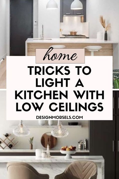 Do you have a kitchen with 8-foot ceilings? Changing the height of your ceiling is not an option, but you CAN give your kitchen an updated look by updating the light fixtures. Even if the ceilings are at the low end of the normal range, eight feet, lights can make any room feel light and open. Here are the best tricks to light a kitchen with low ceilings! Lights Above Kitchen Island, Light Fixtures For Low Ceilings, Kitchen Lighting Ideas For Low Ceilings, Small Kitchen Lighting, Cabinet Color Ideas, Kitchen Cabinet Color, Kitchen Cabinet Color Ideas, Low Ceiling Lighting, Lighting Tips