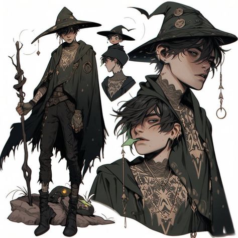 🅰️ℹ️ steals from the artists, take the designs and make them your own Goth Dnd Outfit, Dnd Witch Outfit, Quarter Staff Designs, Dnd Duo Characters, D&d Clothing, Nonbinary Wizard, Modern Wizard Outfit, Wizard Oc Art, Witch Outfit Male