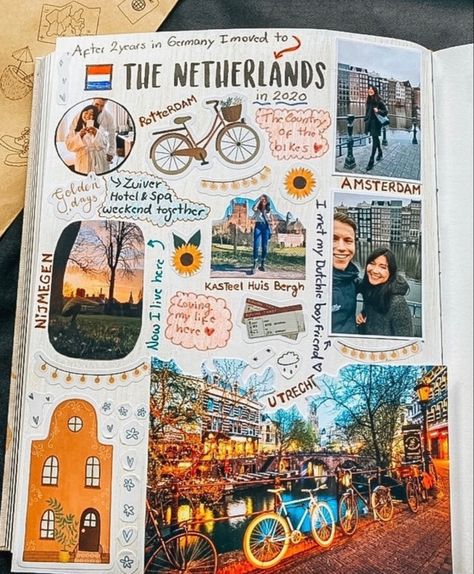 Travel Scrapbook Aesthetic, Amsterdam Scrapbook Ideas, Traveling Scrapbook Ideas, Scrapbook Travel Ideas, Study Abroad Scrapbook, Design For Scrapbook Ideas, Trip Journal Ideas, Amsterdam Scrapbook, Travel Album Ideas