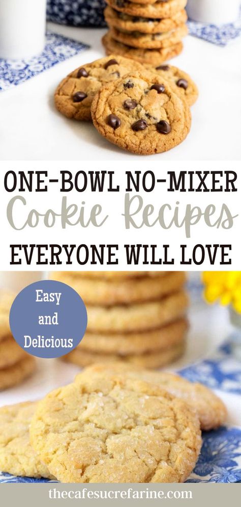 Homemade Cookies Without Baking Soda, Easy One Bowl Cookies, Cookie Recipes No Mixer, No Mixer Chocolate Chip Cookies, One Bowl Cookie Recipes, No Mixer Cookies, Oat Cookie Recipes, One Bowl Cookies, Cookies No Mixer