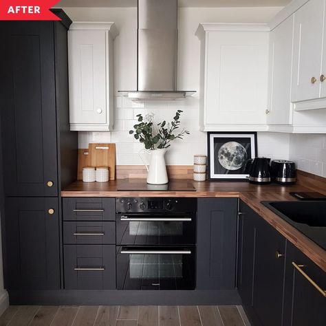 After: kitchen with black base cabinets, white upper cabinets, and wood counters Interior Dapur, Black And White Kitchen, Kabinet Dapur, Black Kitchen Cabinets, Hus Inspiration, Hemnes, Kitchen Inspiration Design, Black Cabinets, Kitchen Redo