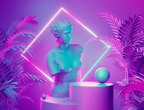 Podium display with purple and blue glow... | Premium Photo #Freepik #photo #geometric #light #neon #shapes Vaporwave Party, Spiral Design Art, Neon Animals, Korean Bar, Neon Abstract, Geometric Light, 80s Neon, Vaporwave Art, Abstract Art Poster