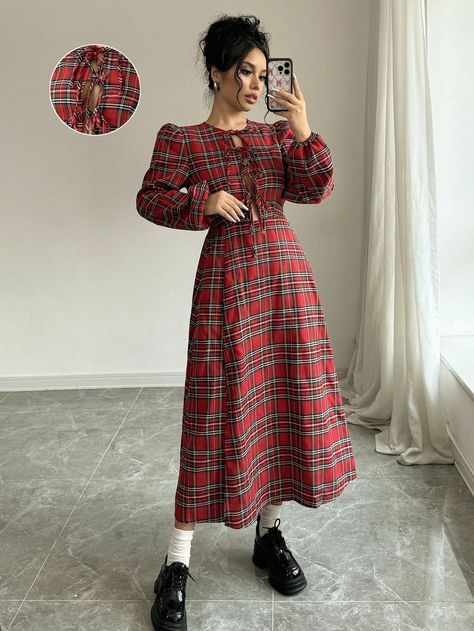 Long Sleeve Plaid Midi Dress With Front Tie, Casual Multicolor Casual  Long Sleeve Woven Fabric Plaid,Tartan A Line Non-Stretch  Women Clothing, size features are:Bust: ,Length: ,Sleeve Length: Plade Dress, Simple Scarf, 70s Outfits, Bachelorette Outfits, Quirky Fashion, Dress Shirt Sleeves, 70s Dress, Long Sleeve Plaid, Kids Sleepwear