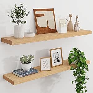 Solid Oak Floating Shelves - Set of 2, 36" Wide x 8" Deep Wall Mounted Rustic Wooden Display Shelf for Bathroom Bedroom Kitchen Garage with Heavy-Duty Bracket - Natural Oak Finish Floating Kitchen Shelves, Shelves Above Toilet, Shelf For Bathroom, Oak Floating Shelves, Kitchen Garage, Deep Shelves, Oak Shelves, Wooden Display, Living Room Organization