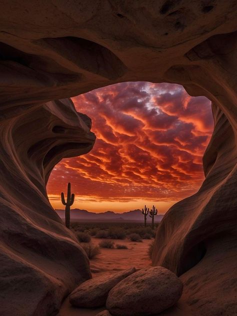 Incredible shot from a cave in Arizona. Desert Aesthetic, Arizona Sunset, Desert Dream, Desert Life, Cave In, Desert Painting, Arizona Travel, Beautiful Locations Nature, Alam Yang Indah