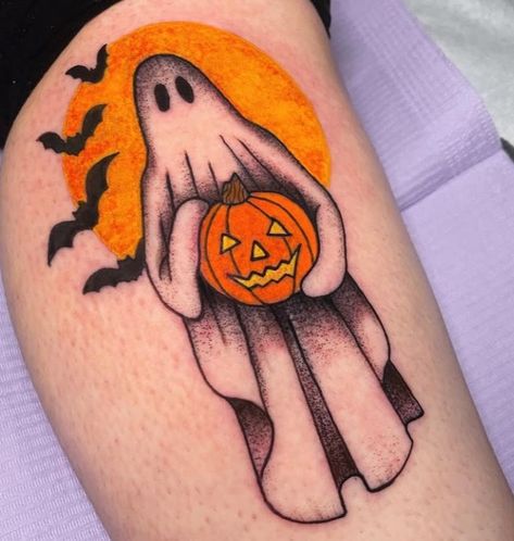 Traditional Jack O Lantern Tattoo, American Traditional Ghost Tattoo, Ghost With Pumpkin Tattoo, Ghost Holding Pumpkin Tattoo, Small Halloween Tattoos Simple, Spooky Tattoos For Women, Sewing Tattoos, Cute Halloween Tattoos, Halloween Flash