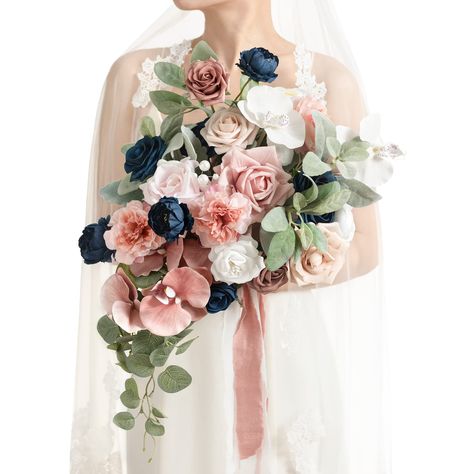 PRICES MAY VARY. Package: A 15" bridal bouquet with 2 ribbons wrapped on a card. Size: The bride's bouquet is approx. 15" wide by 20" tall (includes sagging greenery), one white chiffon ribbon is 2.25" W x 5ft L, and one sage cotton ribbon is 1.5" W x 5ft L. Material: Made of high-quality silk flowers and silk greenery. Silk flowers include dusty rose open rose, white phalaenopsis, dusty rose phalaenopsis, dusty rose carnation, and navy blue petite peony. Foam flowers include white rose, navy bl Navy Blue Bridal Bouquet, Bridal Bouquet Cascading, Navy Blue Bouquet, Bouquets For Wedding, Artificial Flower Wedding Bouquets, Bride Bouquets White, Orchid Bouquet Wedding, Orange Wedding Bouquet, Artificial Bridal Bouquets