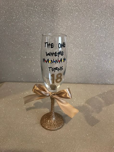 A lovely glittered Prosecco/ Champagne glass, with the Friends quote. It has The one where is in black permanent vinyl then the age in your chosen colour. Perfect for any friends fans. Comes gift wrapped in cellophane and ribbons. These glasses are not dishwasher safe due to the vinyl but can be safely hand washed. Please do not soak. This is posted first class with Royal Mail. 18th Birthday Gifts Ideas For Best Friend, Best Friend 18th Birthday Gift Ideas, 18th Birthday Gift Ideas For Best Friend, 18th Bday Gift Ideas, Present Idea For Best Friend, 18th Gift Ideas, Gift Ideas 18th Birthday, Birthday Present 18th Birthday, Birthday Champagne Glasses