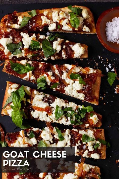 Everyone loves pizza, but creamy goat cheese, silky smooth caramelized onions, subtly sweet fig jam and fresh, fragrant basil make an especially addictive combo. Enjoy restaurant quality flavor at home with this easy goat cheese pizza recipe! Goat Cheese Pizza Balsamic, Apple Goat Cheese Pizza, Pesto Goat Cheese Pizza, Fig Jam Pizza, Goat Cheese Fig Jam, Goat Cheese Pizza Recipes, Pizza With Goat Cheese, Fig Flatbread, Fig Pizza